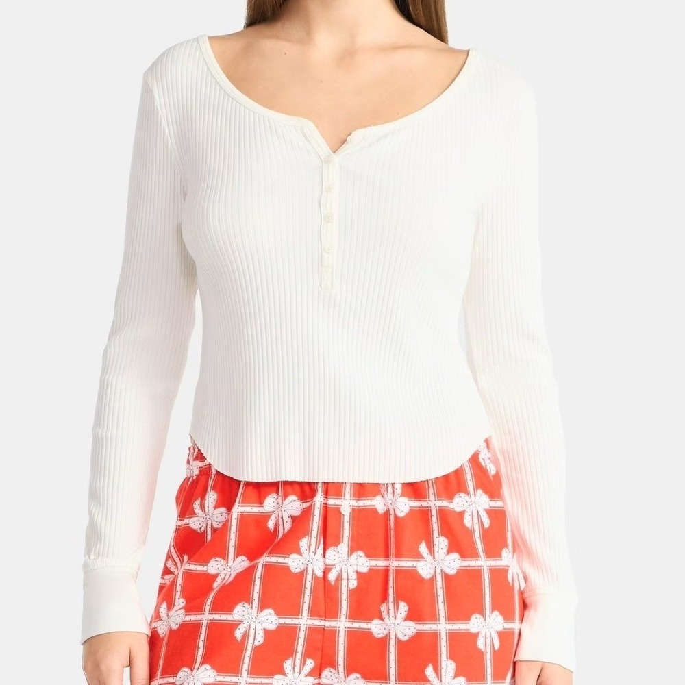 Ribbed Henley Top Y2K Vibe Scoop Neck Sz XXL Winter White Cream Shirt 2XL‎ NWT